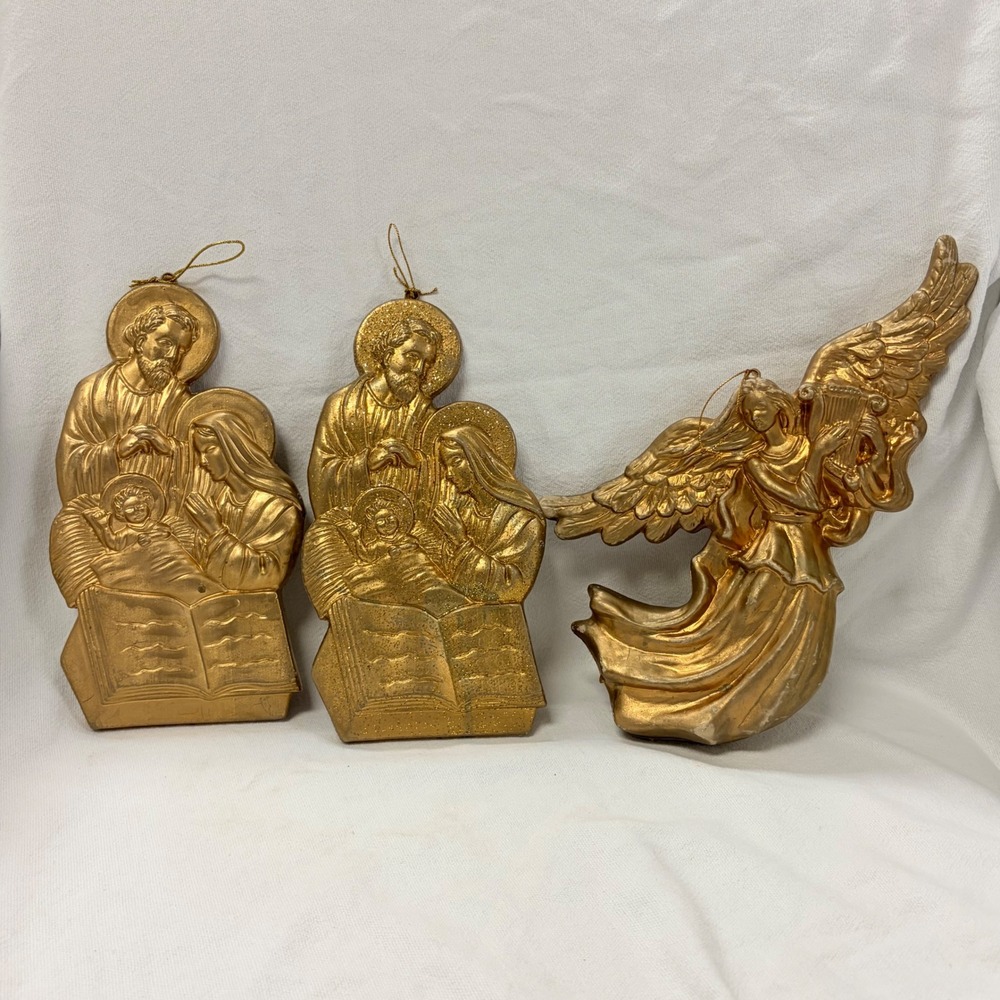 Vintage Gold Nativity Holy Family and Angel Wall Decor Set 3 Piece Christmas